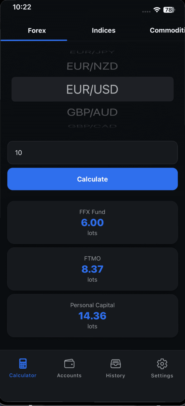 Forexizer Calculator position sizes for multiple accounts