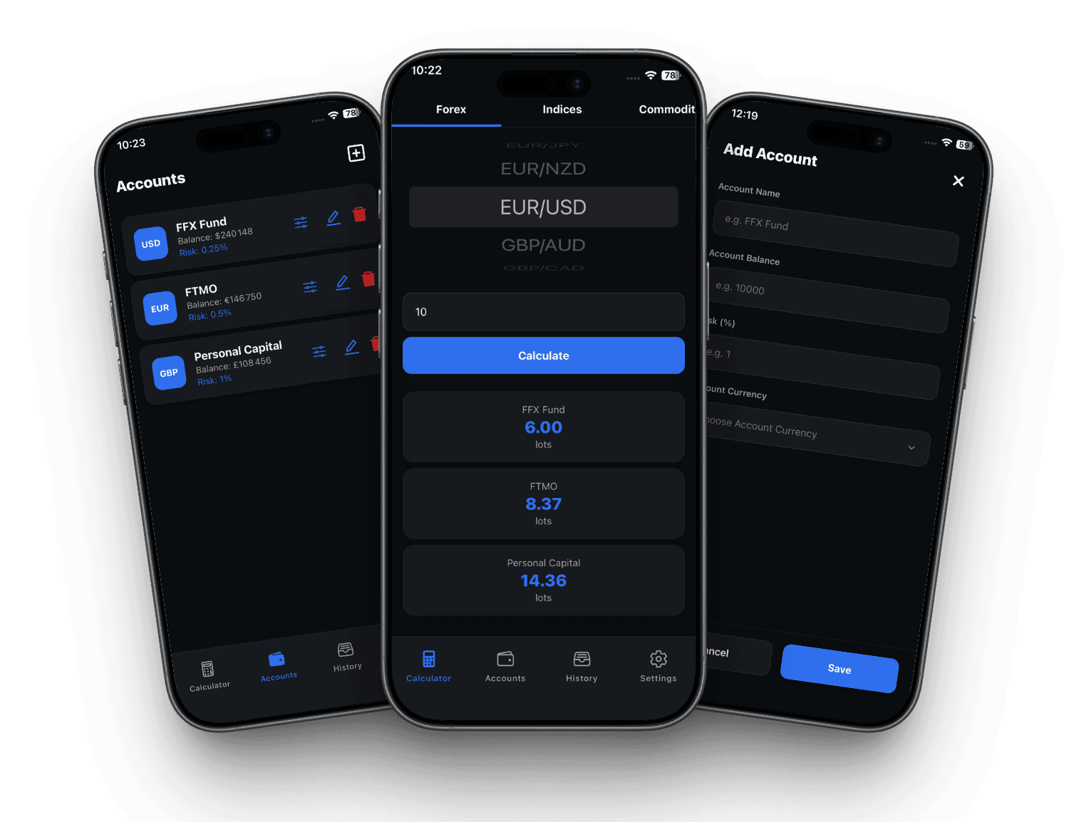 Forexizer app showing account-based position size calculations